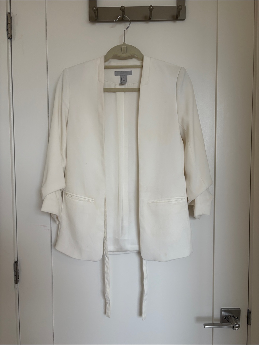 Classic White Open-Front Women's Blazer with Tie Detail
